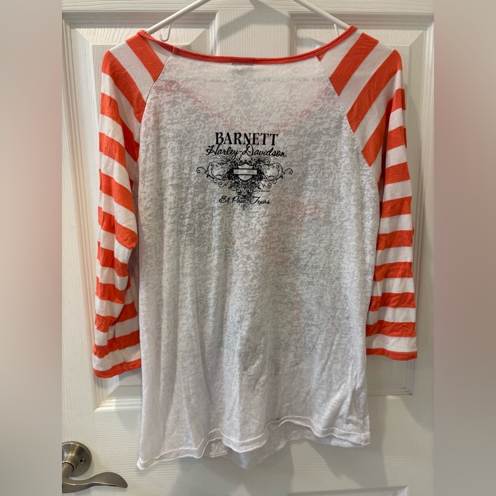 Harley-Davidson White Tee with Orange Stripe Raglan Sleeves and Winged Graphic - Picture 4 of 5